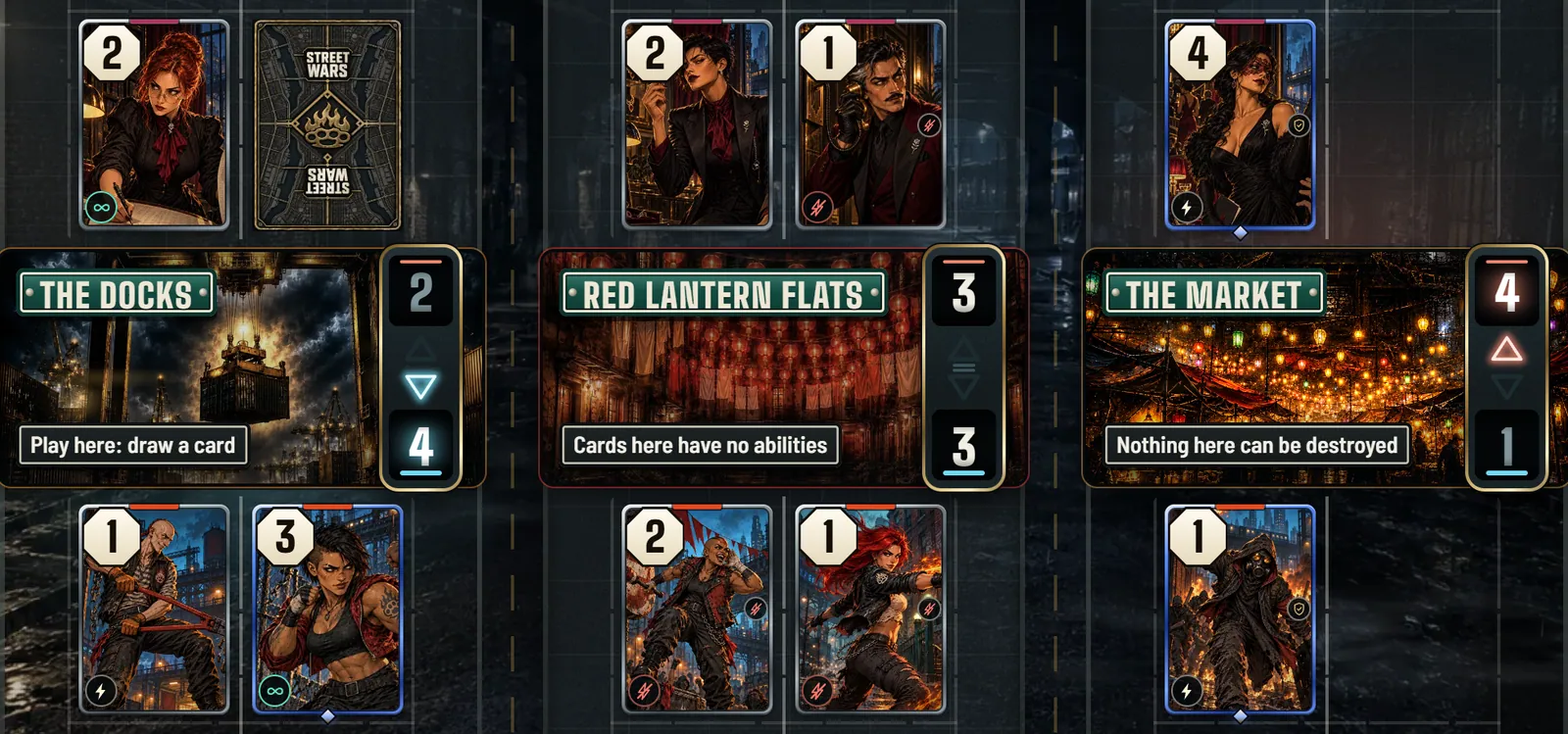 A real Street Wars match: cards on the three city blocks of the street board.
