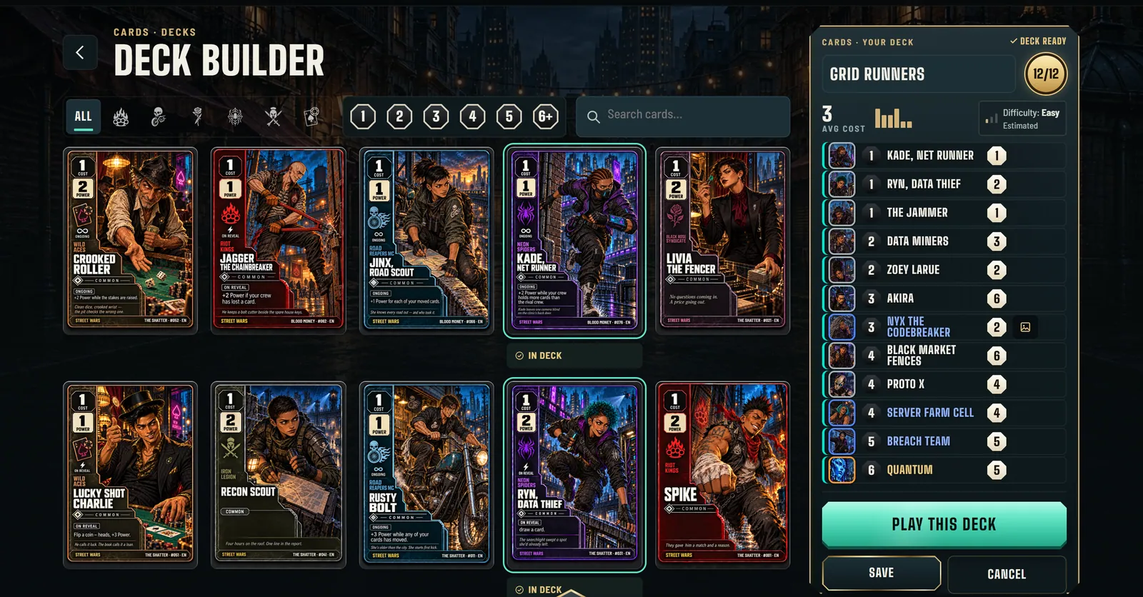 The real Street Wars deck builder: a Neon Spiders deck list beside the card collection, with the cost curve.