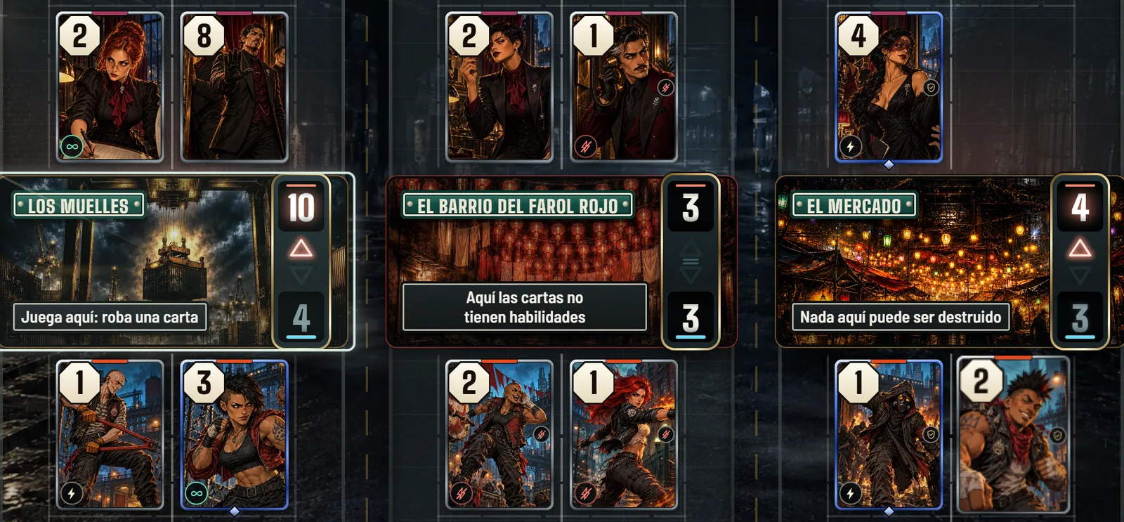 Una partida real de Street Wars en la noche 5: cartas en tres bloques, The Docks, Red Lantern Flats y The Market