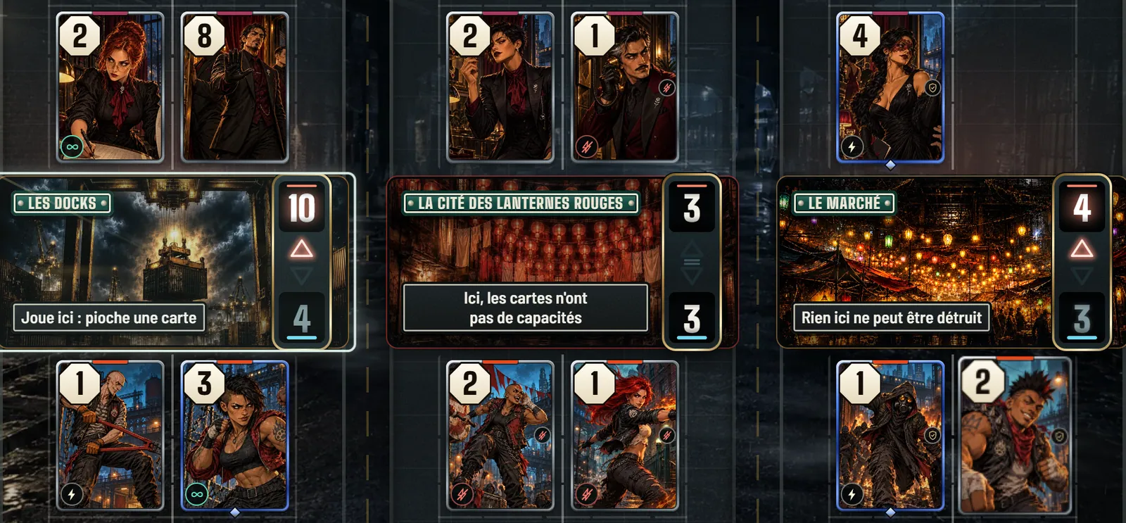 Une vraie partie de Street Wars à la nuit 5 : des cartes sur trois blocs, The Docks, Red Lantern Flats et The Market