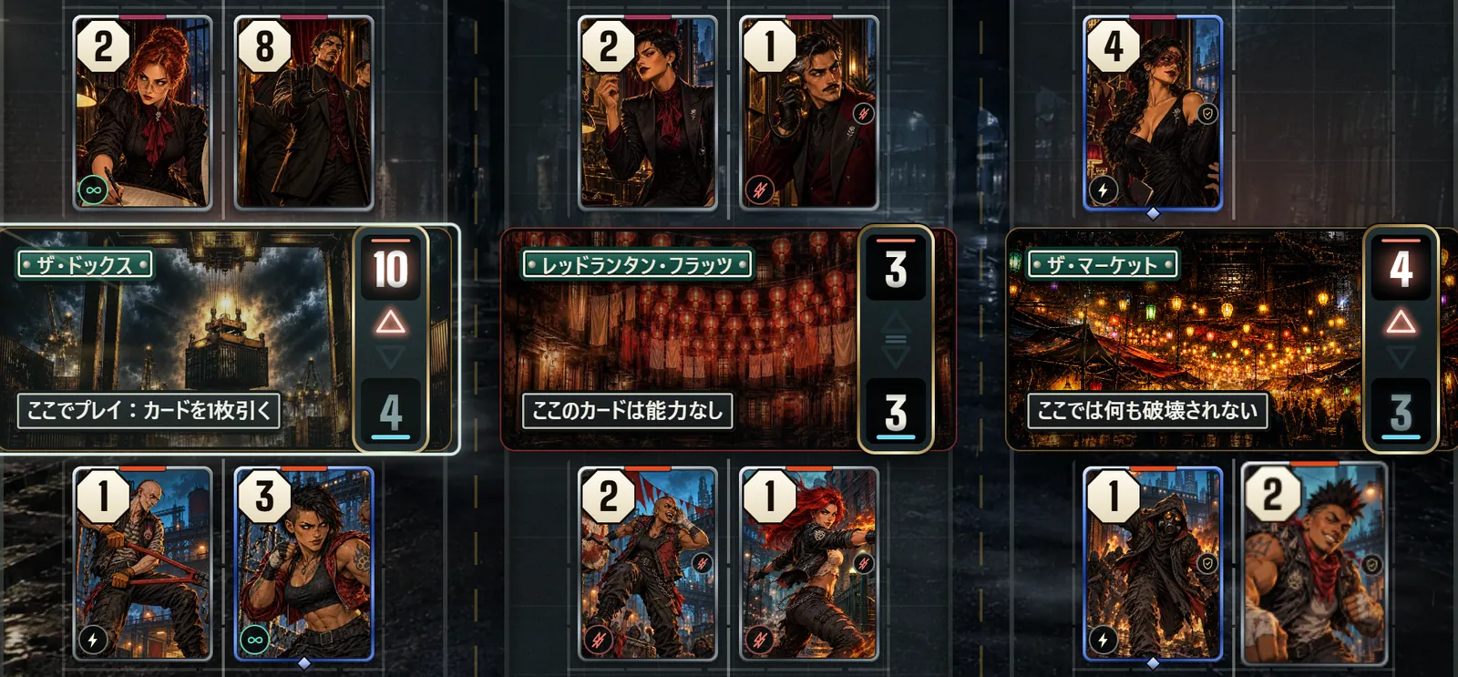 5夜目の実際のStreet Warsの試合。3つのブロック（The Docks、Red Lantern Flats、The Market）にカードが並ぶ