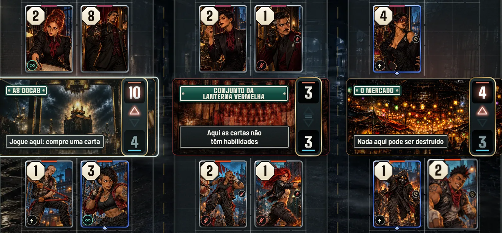 Uma partida real de Street Wars na noite 5: cartas em três quarteirões, The Docks, Red Lantern Flats e The Market
