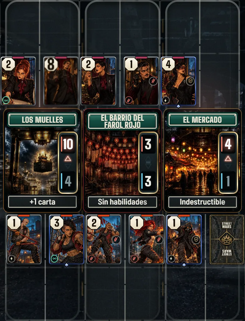 Una partida real de Street Wars en el móvil: tres bloques llenos de cartas