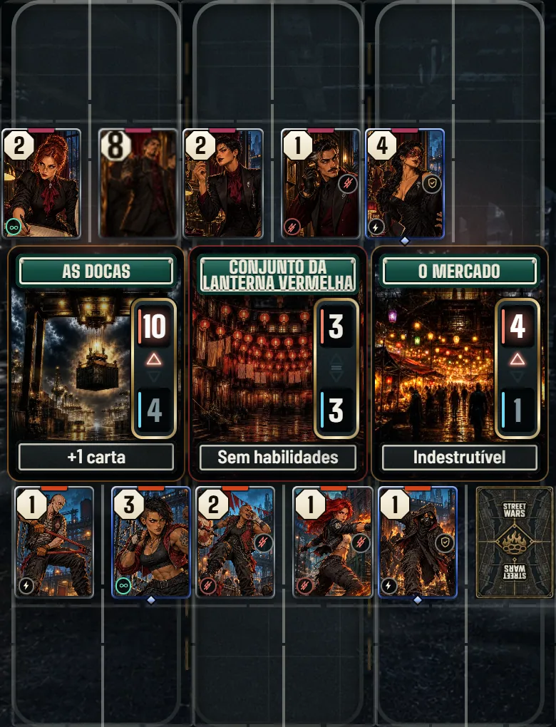 Uma partida real de Street Wars no celular: três quarteirões cheios de cartas