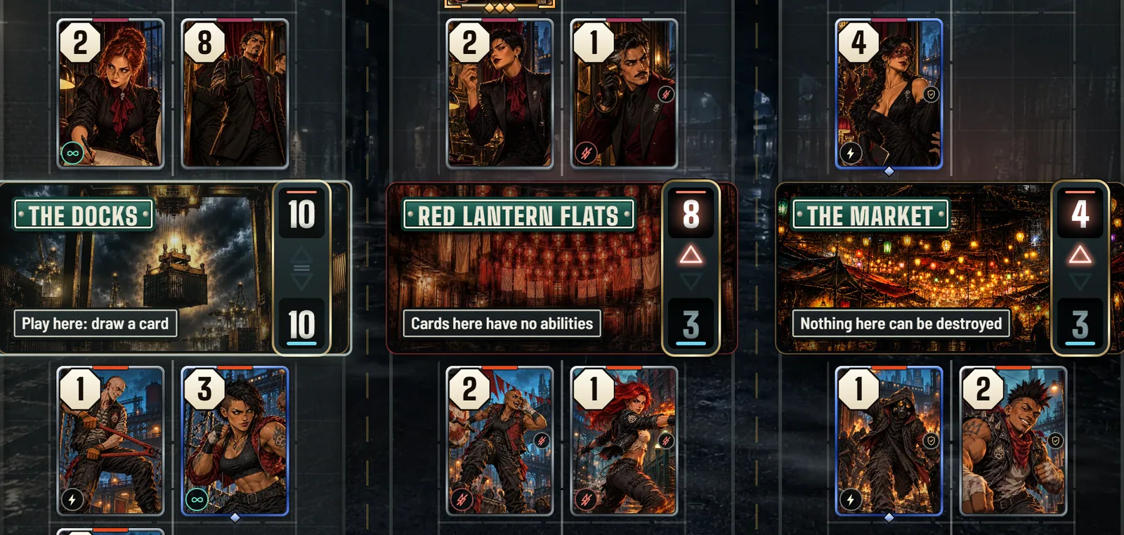 Night 6 of a real Street Wars match: the last cards flip on three city blocks.