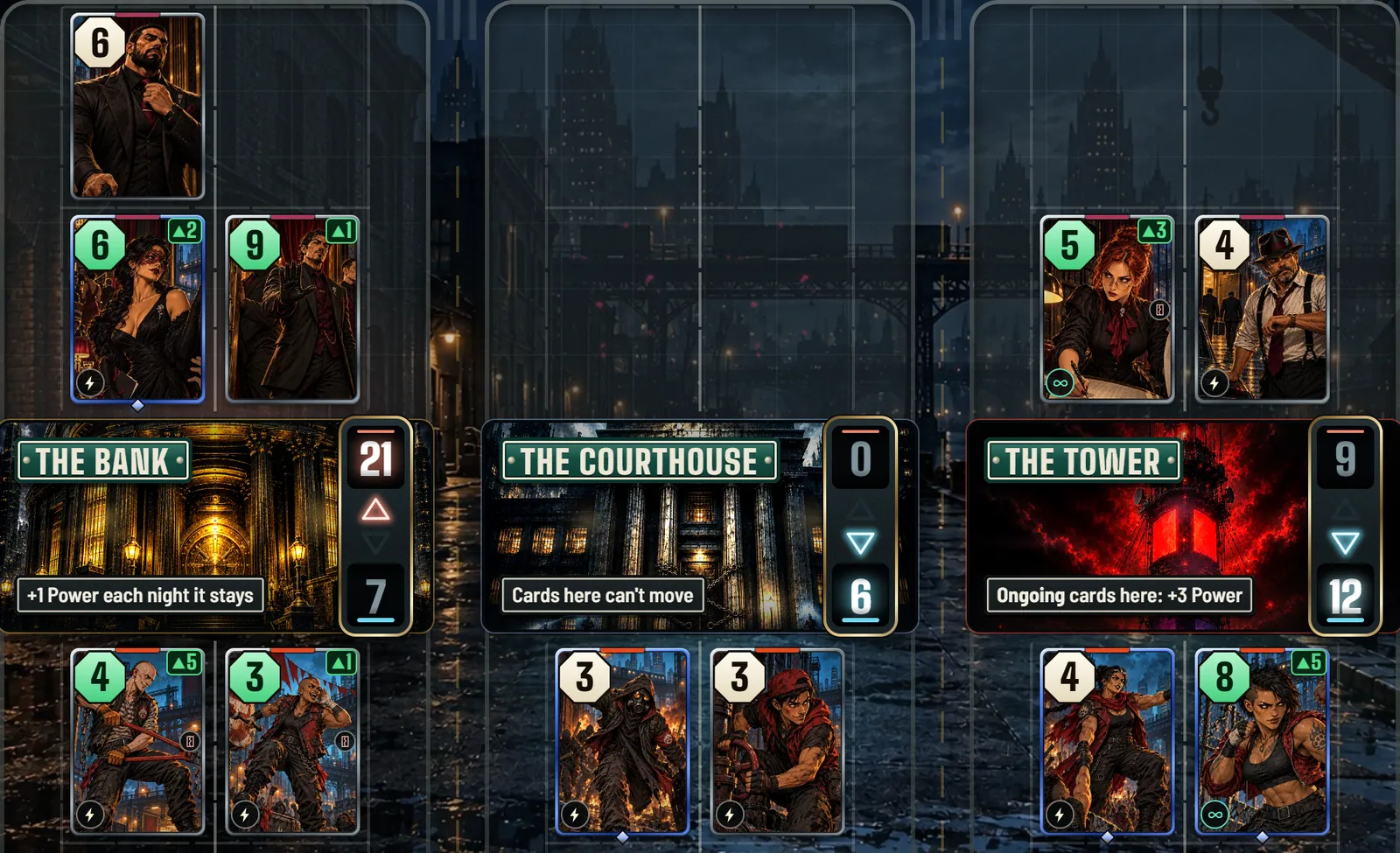 A real Street Wars match: cards on the three city blocks of the street board.