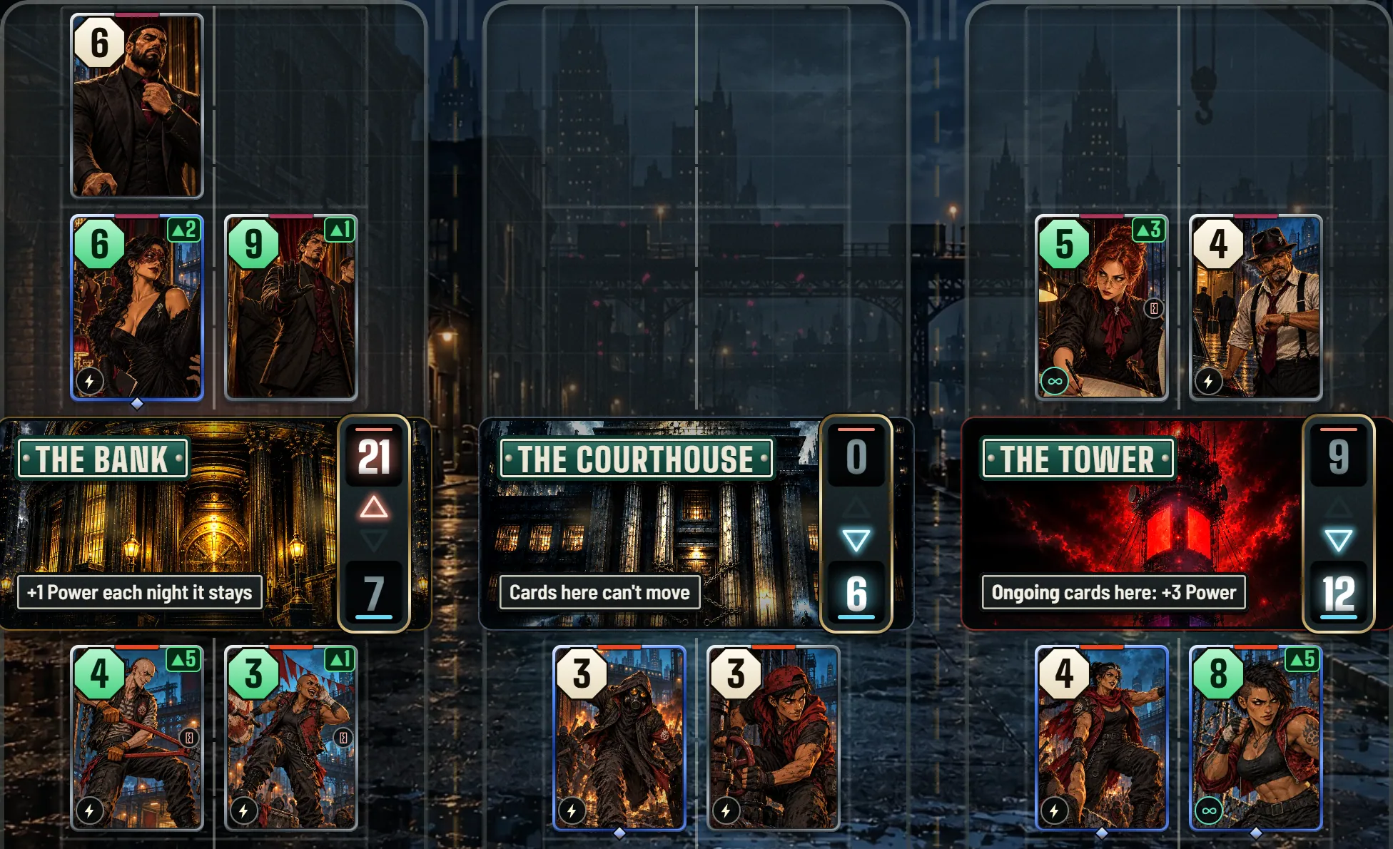 The final board of a real match: The Bank 7–21, The Courthouse 6–0, The Tower 12–9.