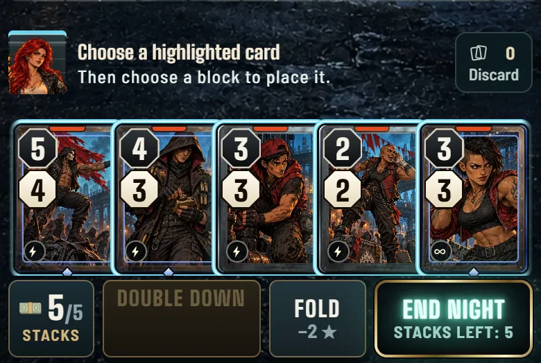 A real match on night 5, on a phone. The cards in your hand glow because you can pay for them.