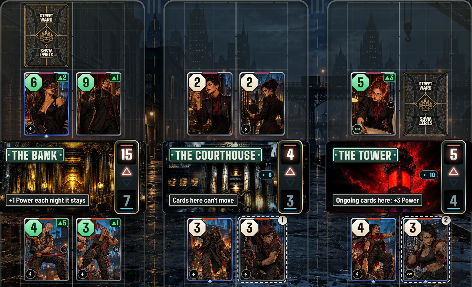 A real match on night 6: the three blocks, The Bank, The Courthouse, The Tower, with your cards placed under them.