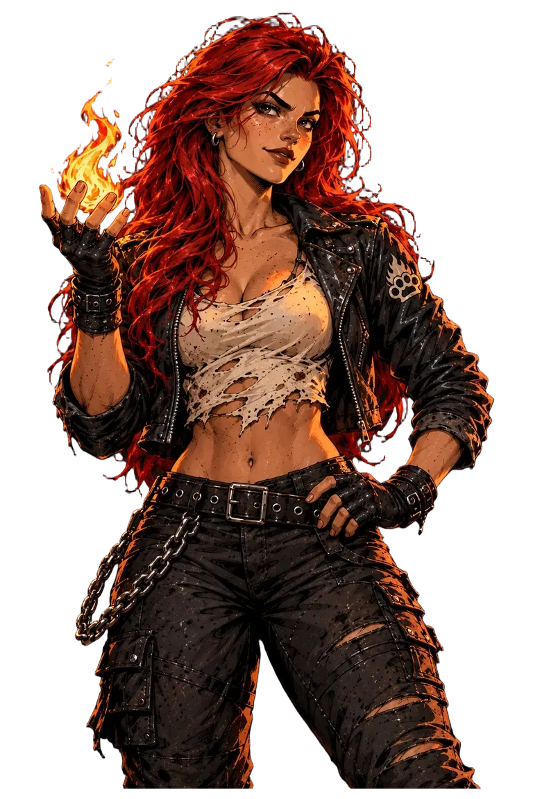 Tara Blaze dei Riot Kings, con una fiamma in mano